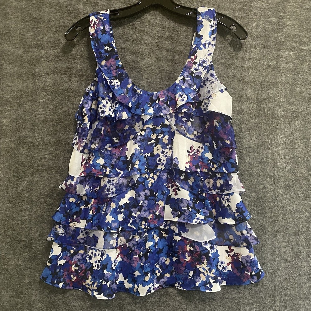 White House Black Market Top Women L Blue Floral Tiered Ruffle Sleeveless Blouse